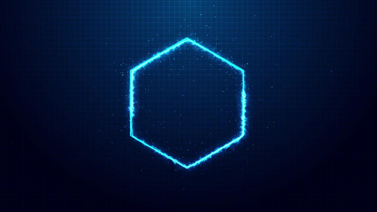 Visual de interface digital de hexágono brilhante com borda geométrica ciano, fundo de grade azul e energético.