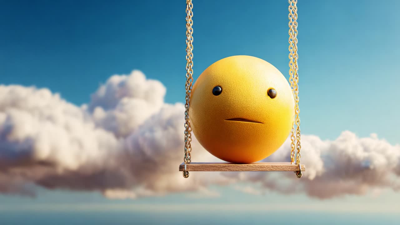 A whimsical and imaginative scene featuring a cartoonish yellow sphere with a neutral expression swinging on a swing against a backdrop of fluffy clouds and a bright blue sky, evoking feelings of innocence and nostalgia