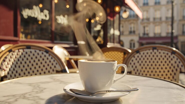 Caffè fumante su un tavolo di marmo in un caffè all'aperto