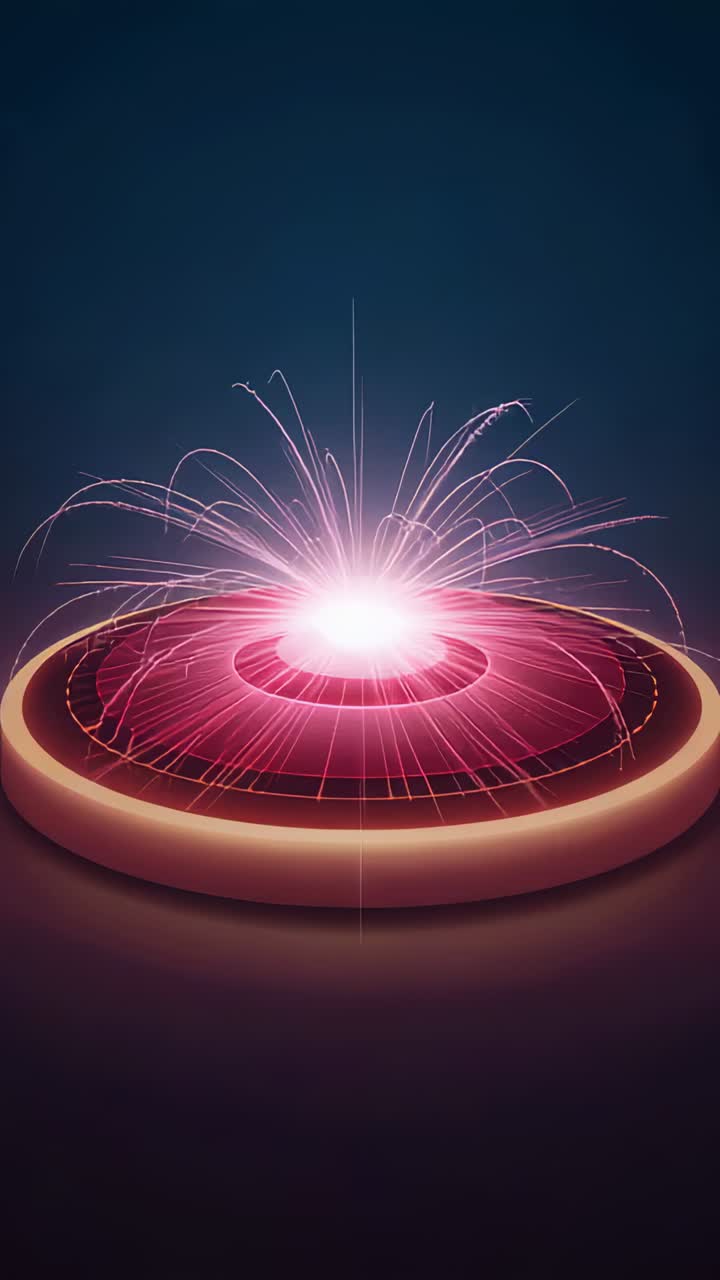 Vertical video: Pulsing core driving ringed disk emitting pink-violet sparks on mirror floor
