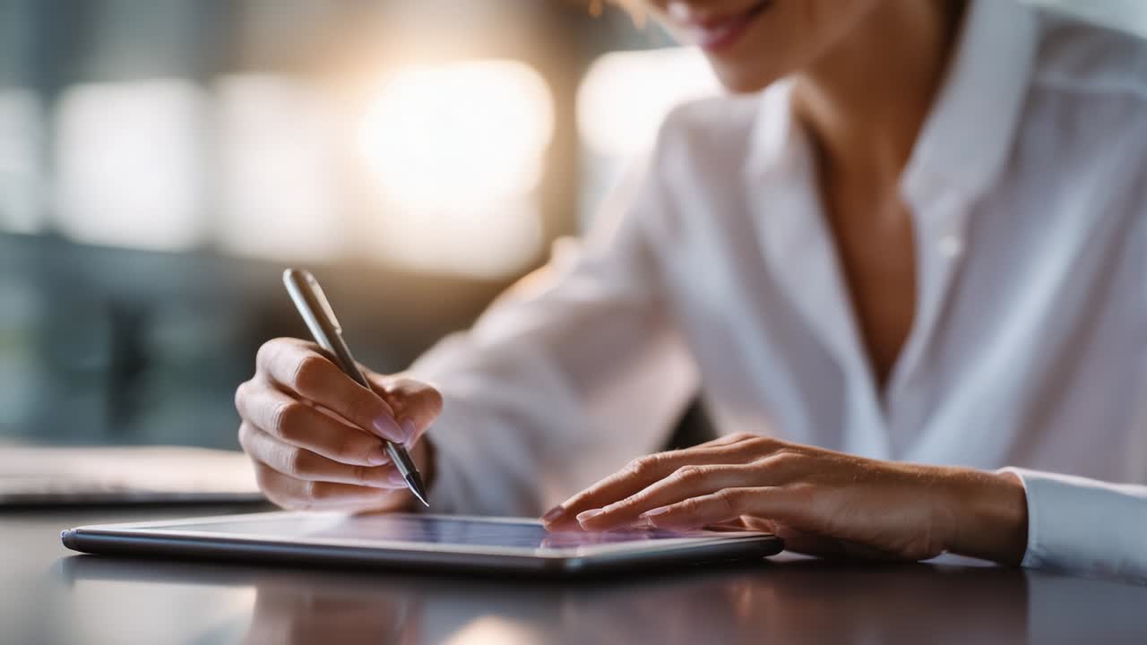 A focused individual engaged in digital creativity, deftly utilizing a tablet and stylus to produce content in a well-lit, modern workspace, demonstrating the fusion of technology and artistry