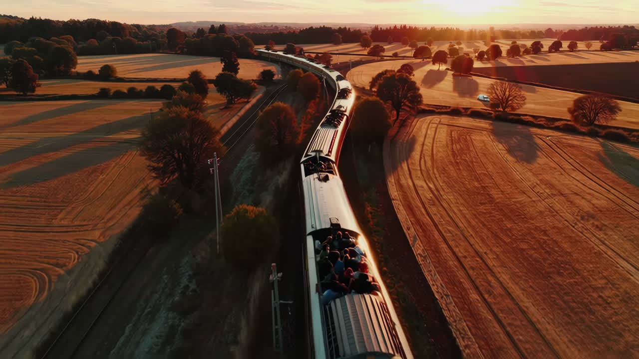 Aerial View of a Scenic Train Journey at Sunset Through Rural Fields