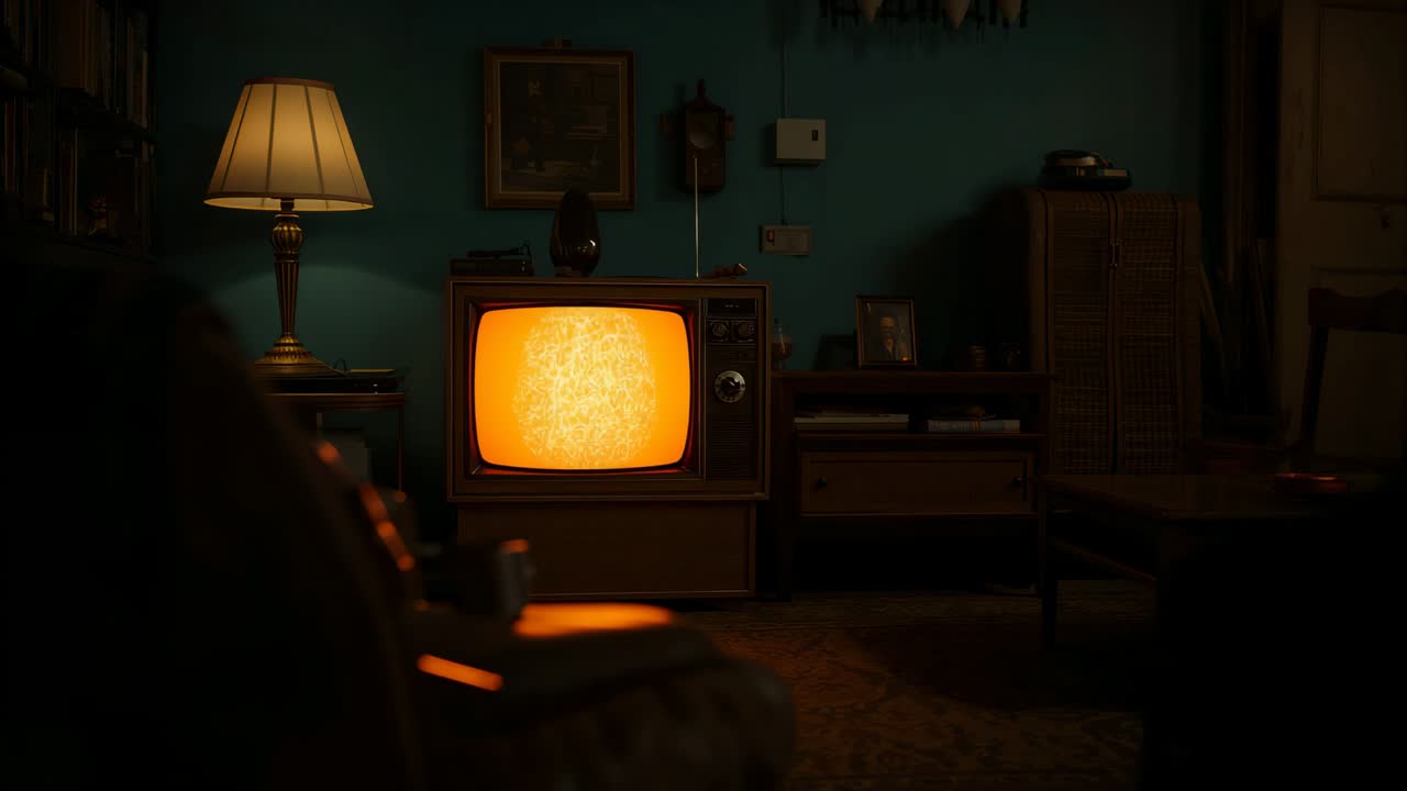 CRT set receiving no signal flickering static into amber light in retro room beside lit lamp