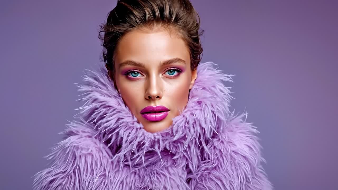 A woman wearing a purple fur coat and purple lipstick