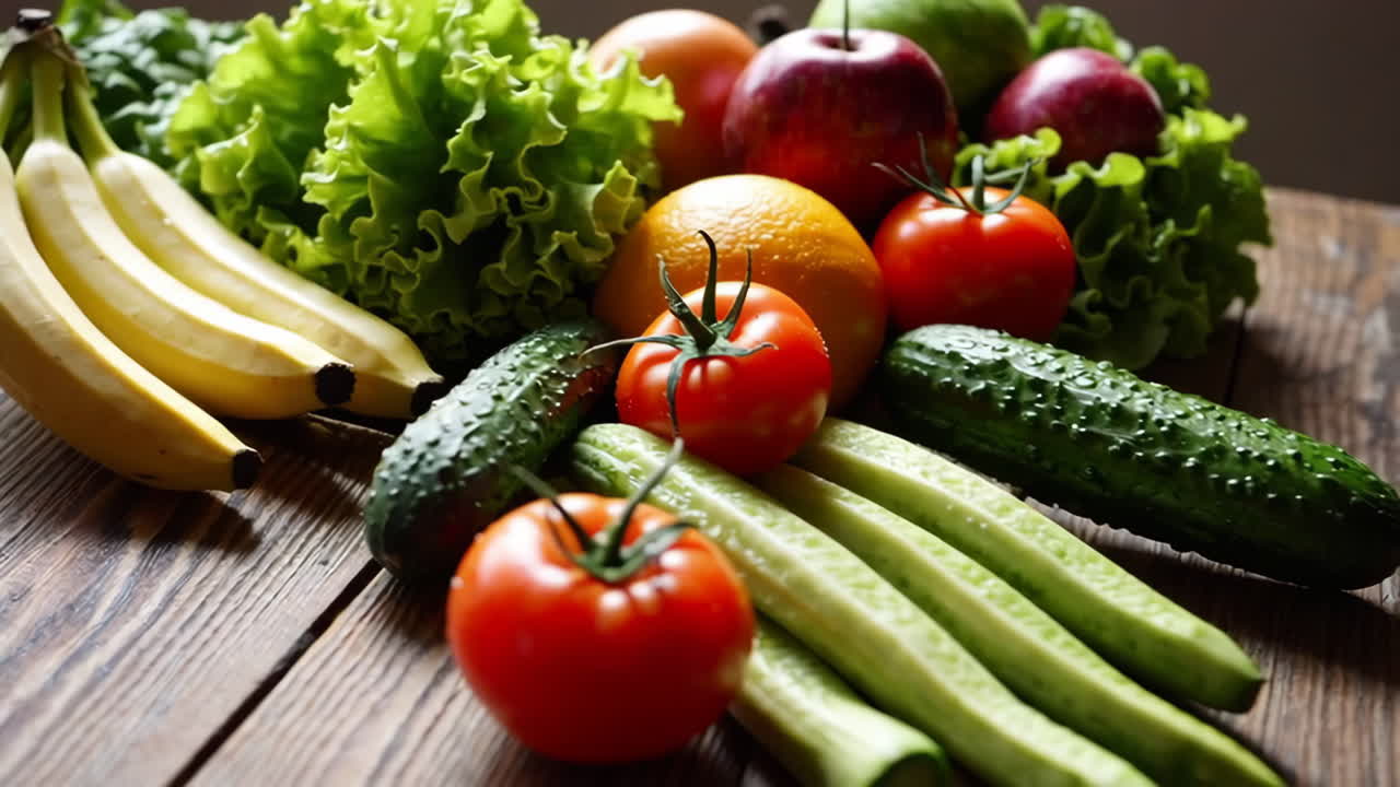 Assortment of Fresh Fruits and Vegetables, with Hands Preparing Lettuce