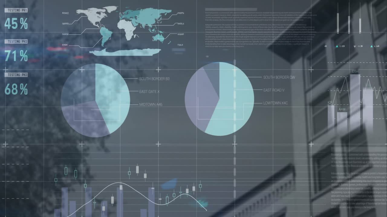 Animation of financial data processing against low angle view of a tall building