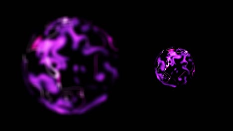animation of two shiny spheres. there is constantly changing current on the surface. the background is black. the color of the ball is purple, the foreground is blurred, and the background is clear.