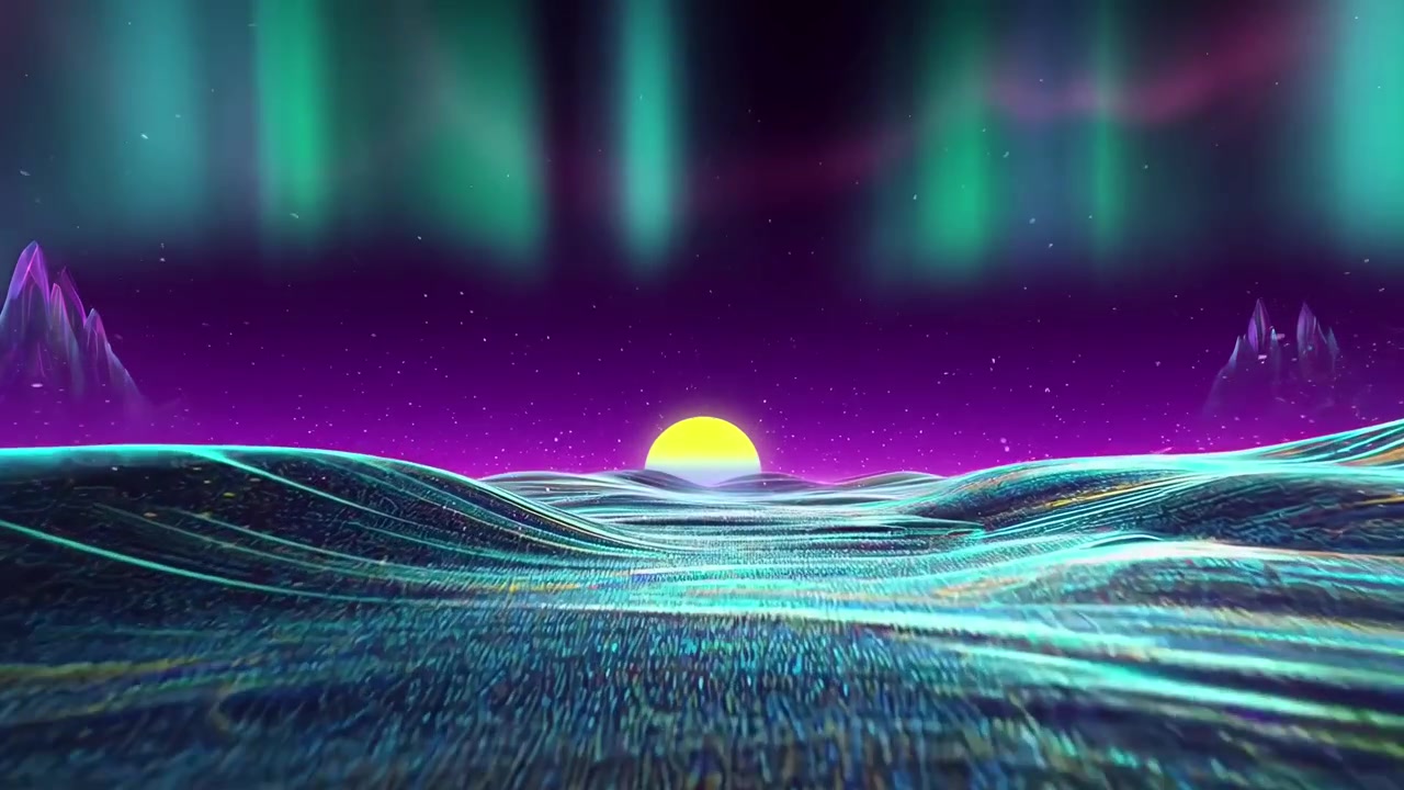 Abstract Digital Landscape with Glowing Waves and Aurora Borealis