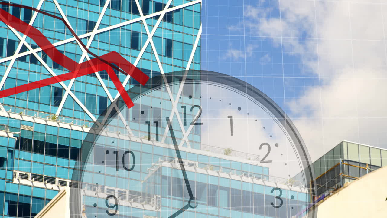 animación de diagramas y cuadrados con reloj sobre el paisaje urbano