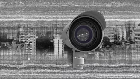 Animation-Einer-CCTV-Kamera-Und-Datenverarbeitung-über-Dem-Stadtbild