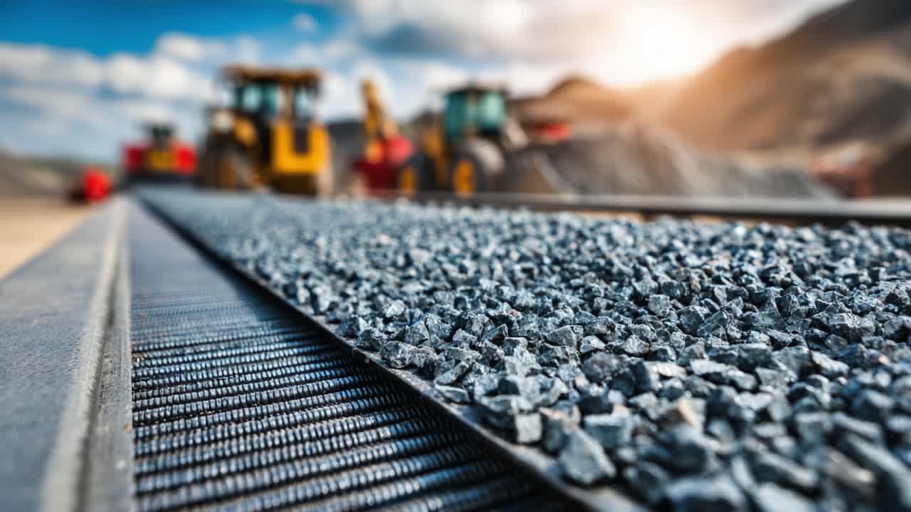 A Detailed Look at Gravel Transportation on a Conveyor Belt with Heavy Machinery in the Background, Highlighting Efficient Construction Operations