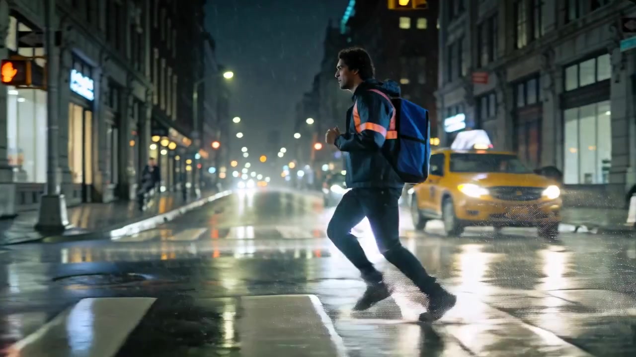 Running courier in orange jacket crossing street to avoid taxi lights with backpack, copy space