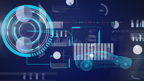 animation of neon round scanner over interface with data processing against spinning car model