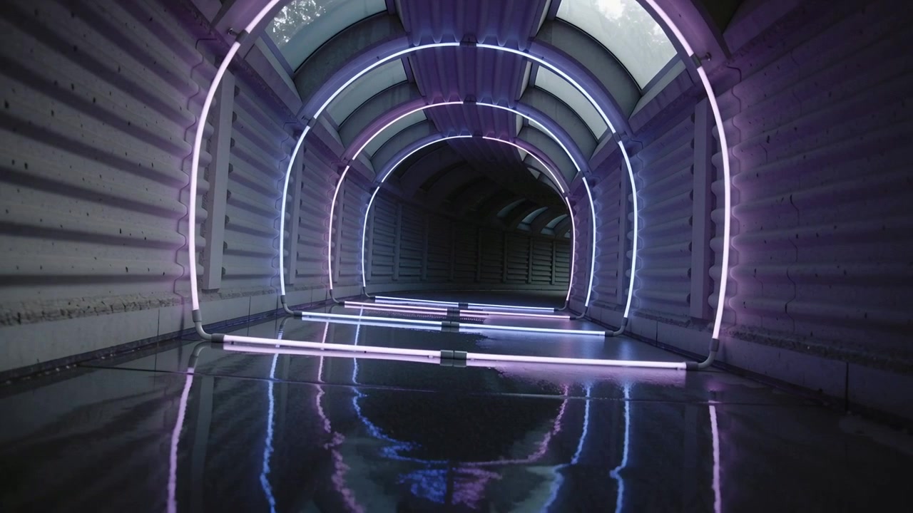 Moving camera sliding forward along arched LED tunnel, showing LED arches and floor reflections