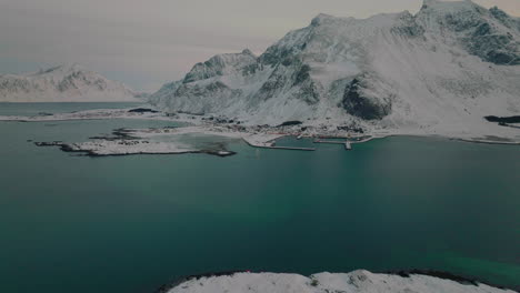 Aerial-view-towards-frozen-Ramberg-village-on-snowy-Lofoten-glacial-Scandinavian-island