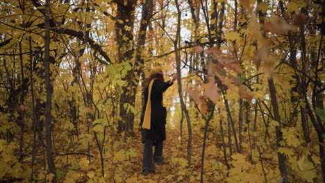 back view of a woman in a yellow beret and black coat, walking through a dense autumn forest, surrounded by vibrant yellow leaves