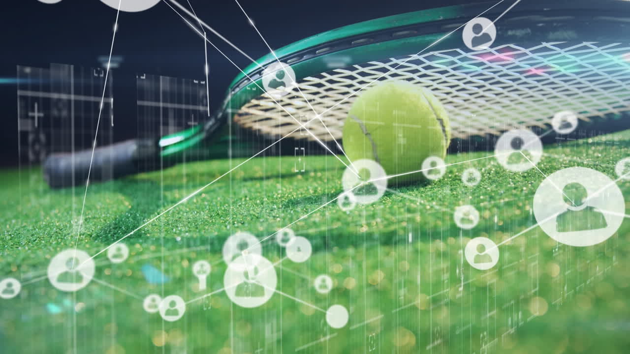 테니스 공과 라켓을 통해 사람 아이콘과의 연결 네트워크의 애니메이션