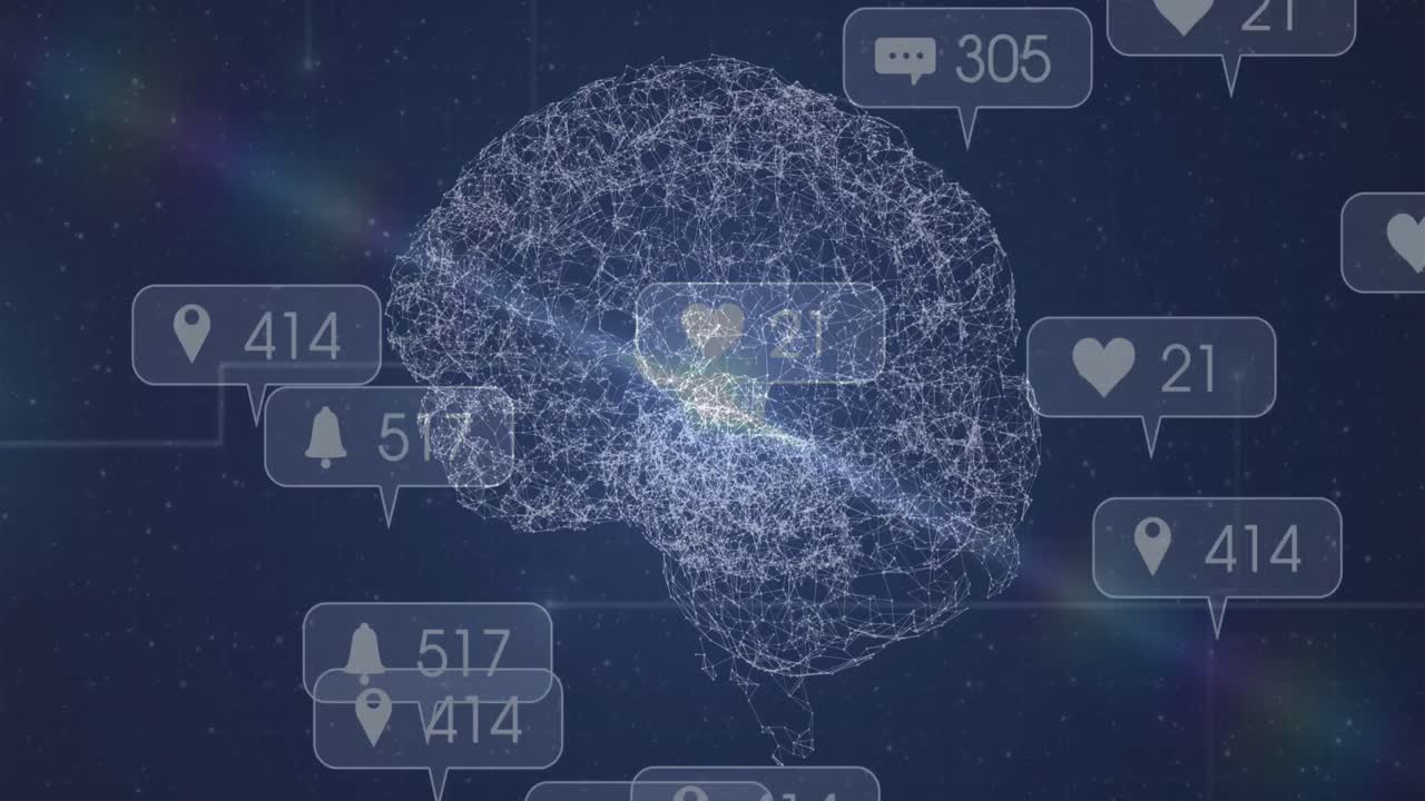 animación de números y iconos cambiantes en cajas de mensajes sobre puntos que forman cerebro digital.