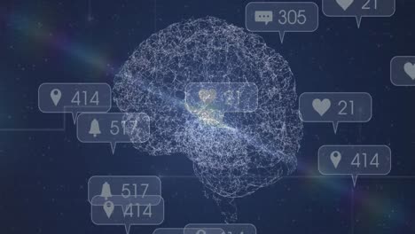 Animation-of-changing-numbers-and-icons-in-message-boxes-over-dots-forming-digital-brain