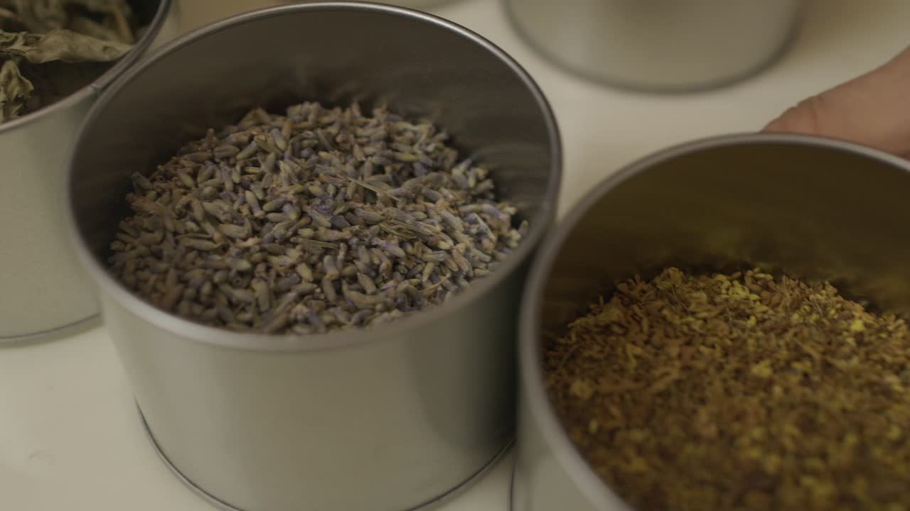 금속 캔 안에 들어 있는 콤부차 음료를 위한 다양한 종류의 녹차 성분을 선보입니다.