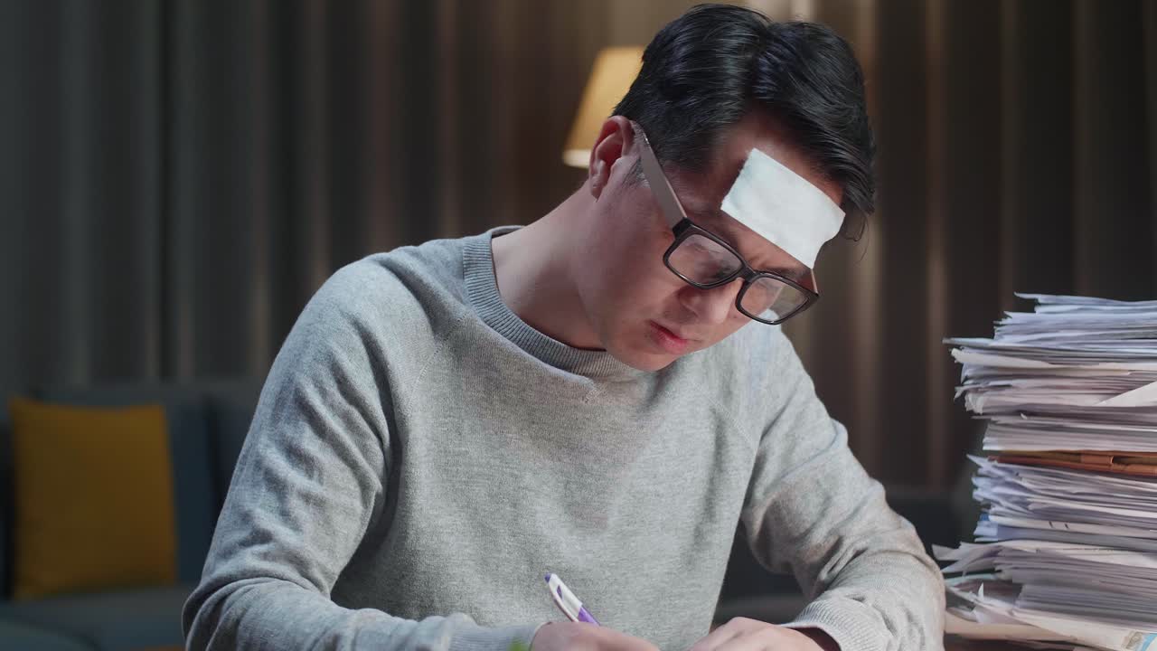 아픈 아시아인 남자가 집에서 문서와 함께 열심히 일하고 있습니다.