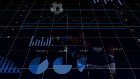 kicking soccer ball, player with data animation and graphs overlay in background