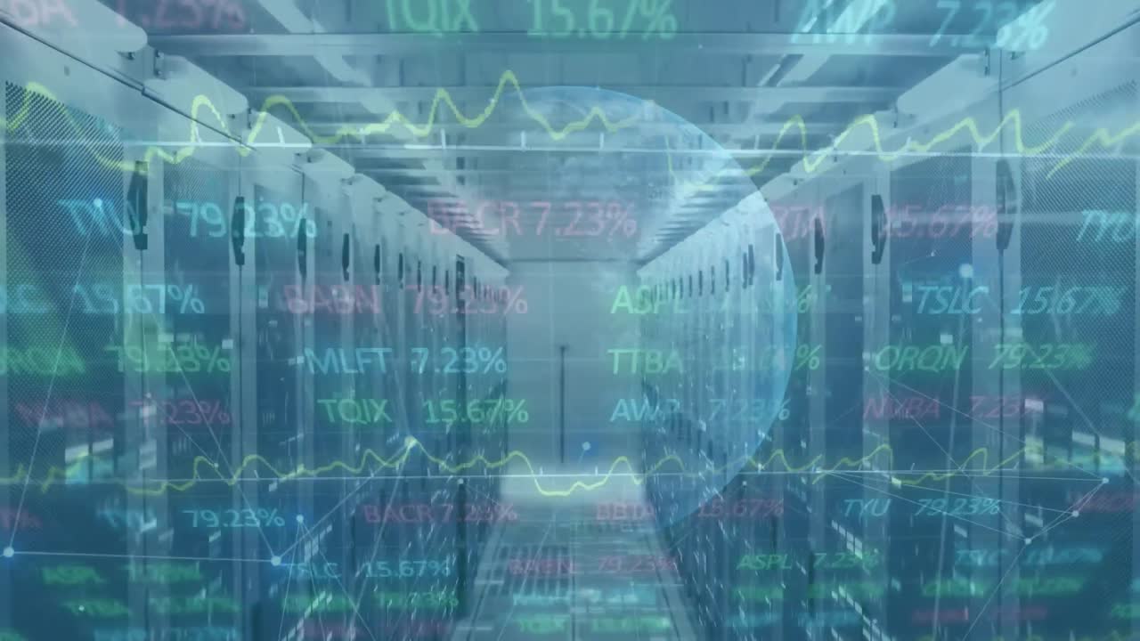 Animation of statistics and data processing and globe spinning over an empty locker room