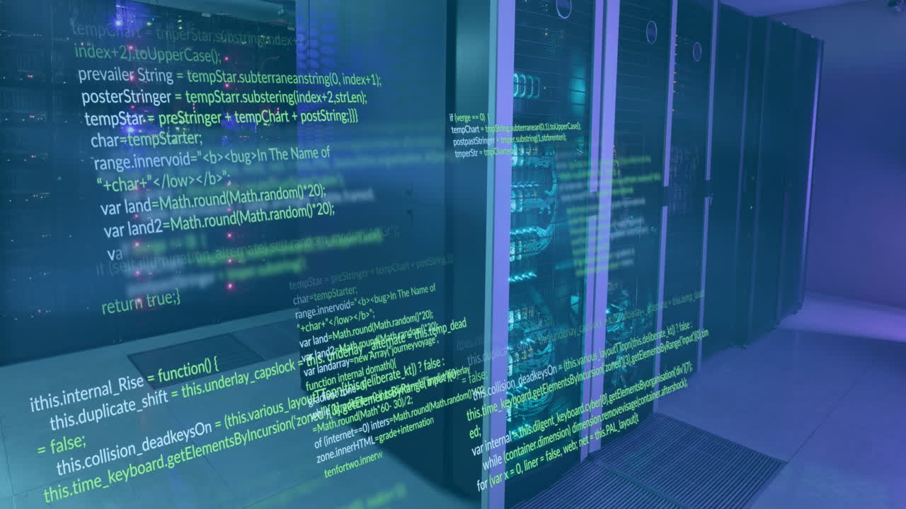 Animation of multicolored computer language over data server systems in server room