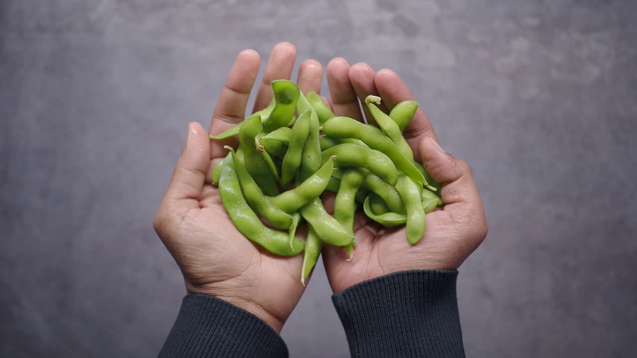 Hands Holding Fresh Green Edamame Pods