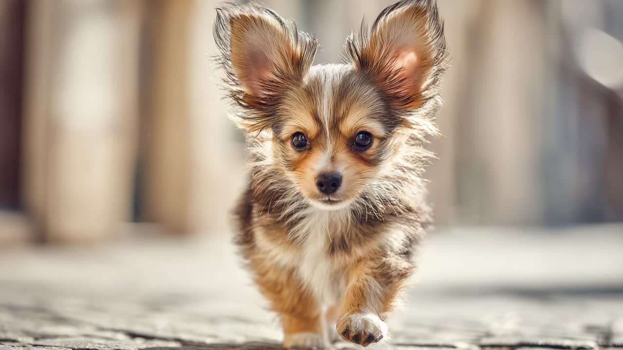 ふわふわの毛並みと大きな耳を持つ愛らしい子犬が、石畳の道をうれしそうに走り、周りのみんなに幸せをもたらしています。
