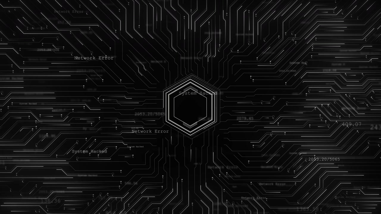 Black network error circuit background grey board lines hacked warning text central hexagon frame