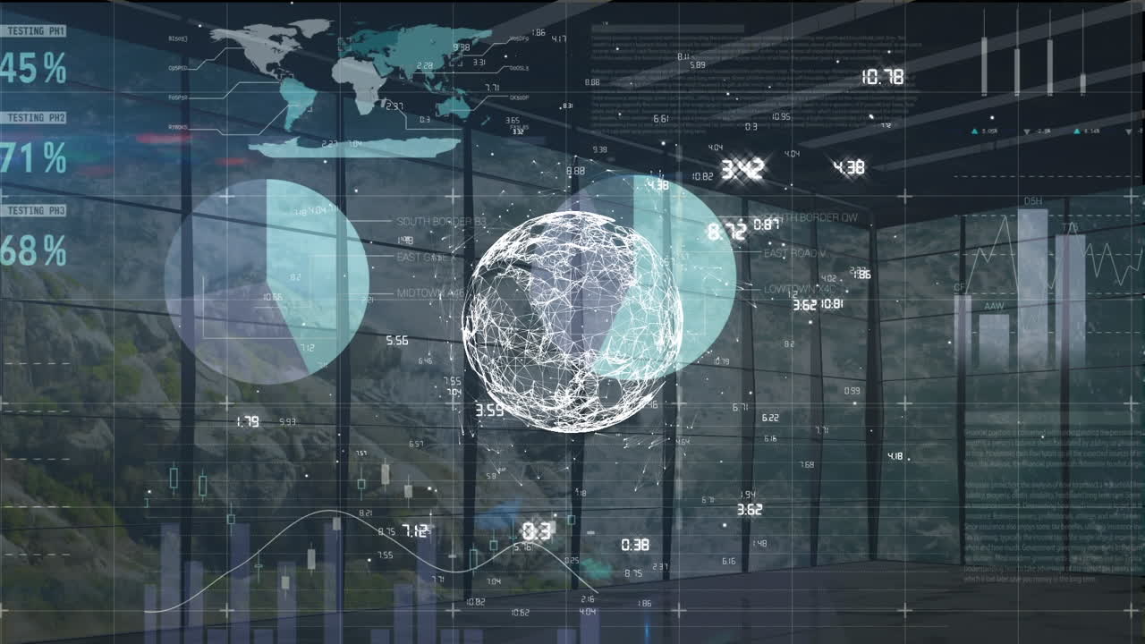 Animation of financial data and graphs over globe with connections