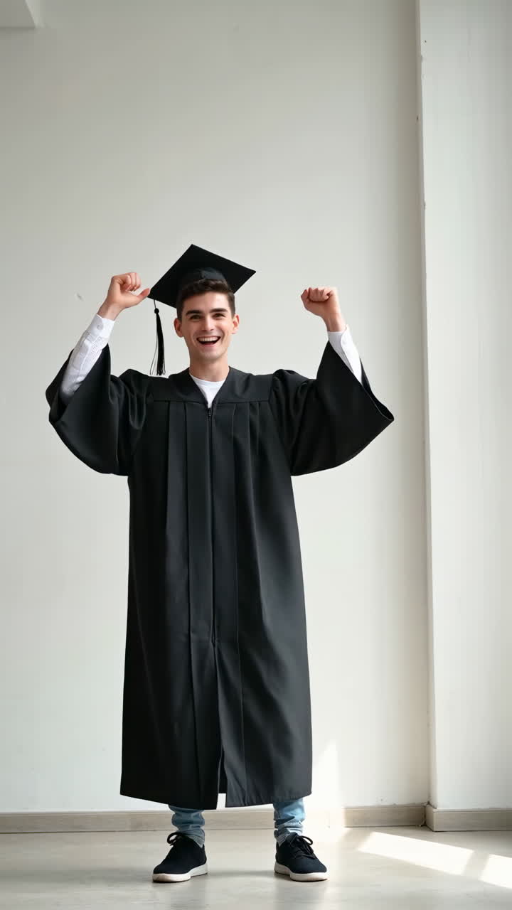 Happy young man in graduation gown celebrating
