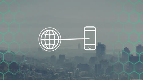 world connected to smartphone animation over cityscape with hexagonal grid