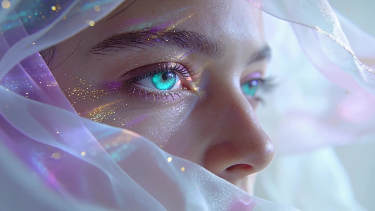 Sul set, una donna inquadra l'occhio, sollevando un velo iridescente che rivela trucco glitterato e labbra, con luce prismatica.