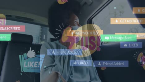 Animation-of-social-media-notifications-over-african-american-woman-talking-over-phone-in-taxi