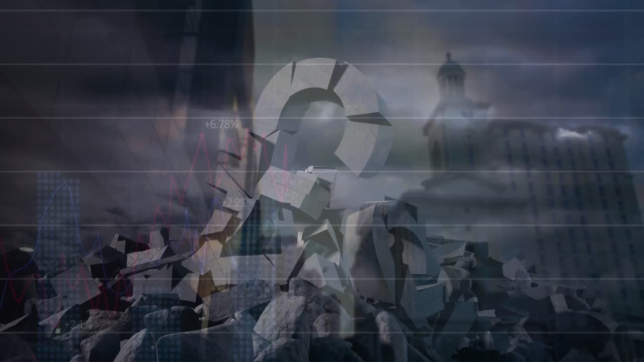 데이터 처리 및 도시 풍경의 애니메이션은 깨진 파운드 기호와 어두운 구름 위에 있습니다.