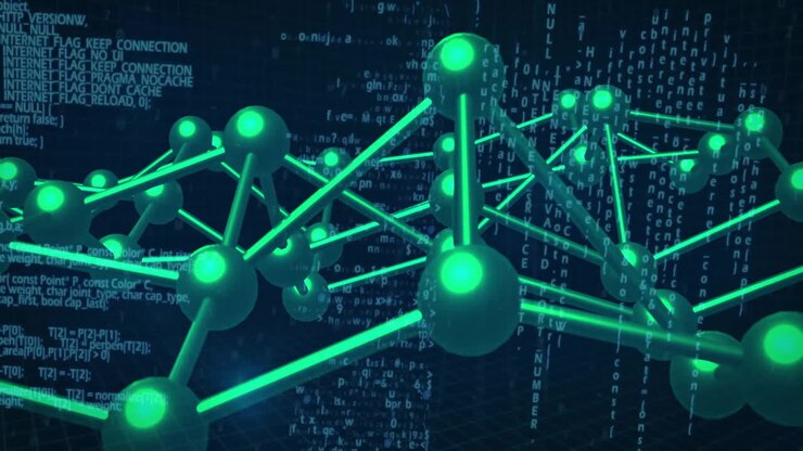 Animation of dna strand, binary coding and data processing over black background