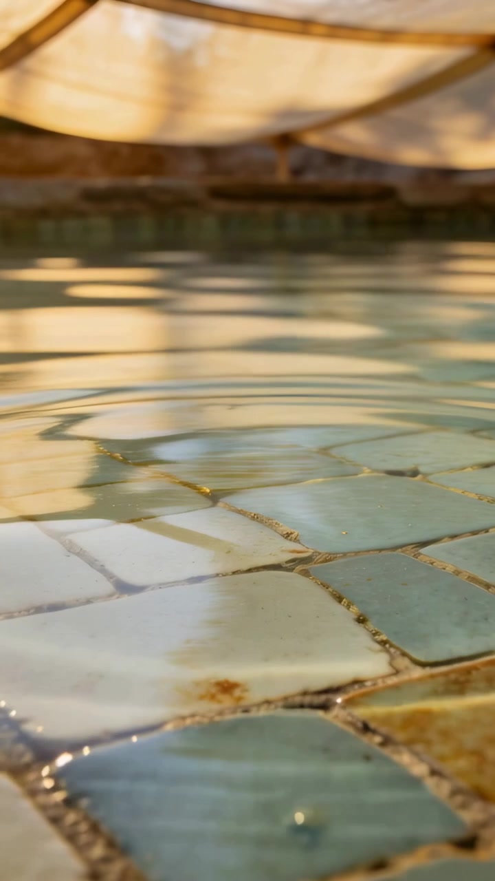Video vertical: Gota cayendo en el agua de un lavabo, ondulando azulejos esmaltados, cruzando la lechada, distorsionando la luz cálida