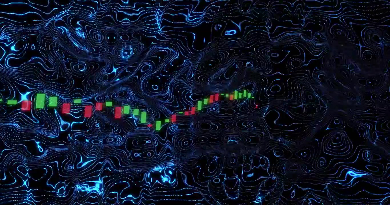 Red and green candlestick bars being visualized over neon-blue contour lines in digital abstract