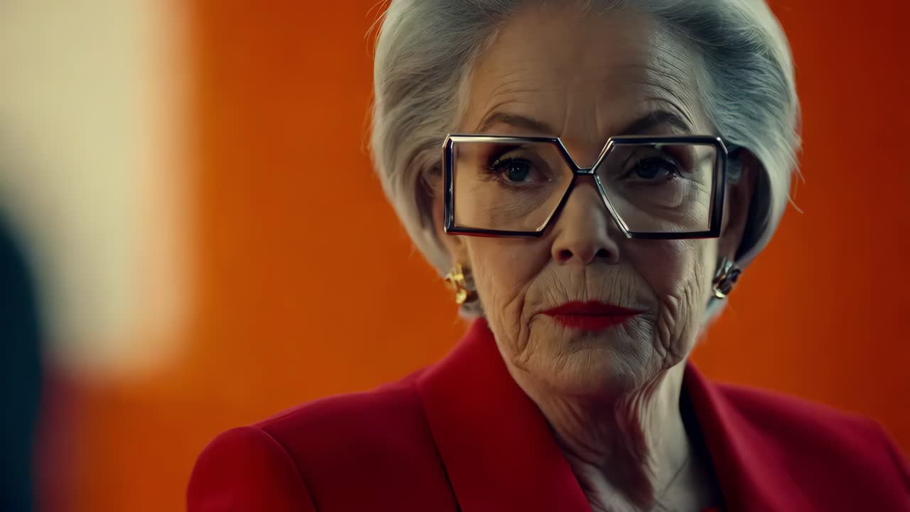 donna anziana con un blazer rosso e occhiali geometrici
