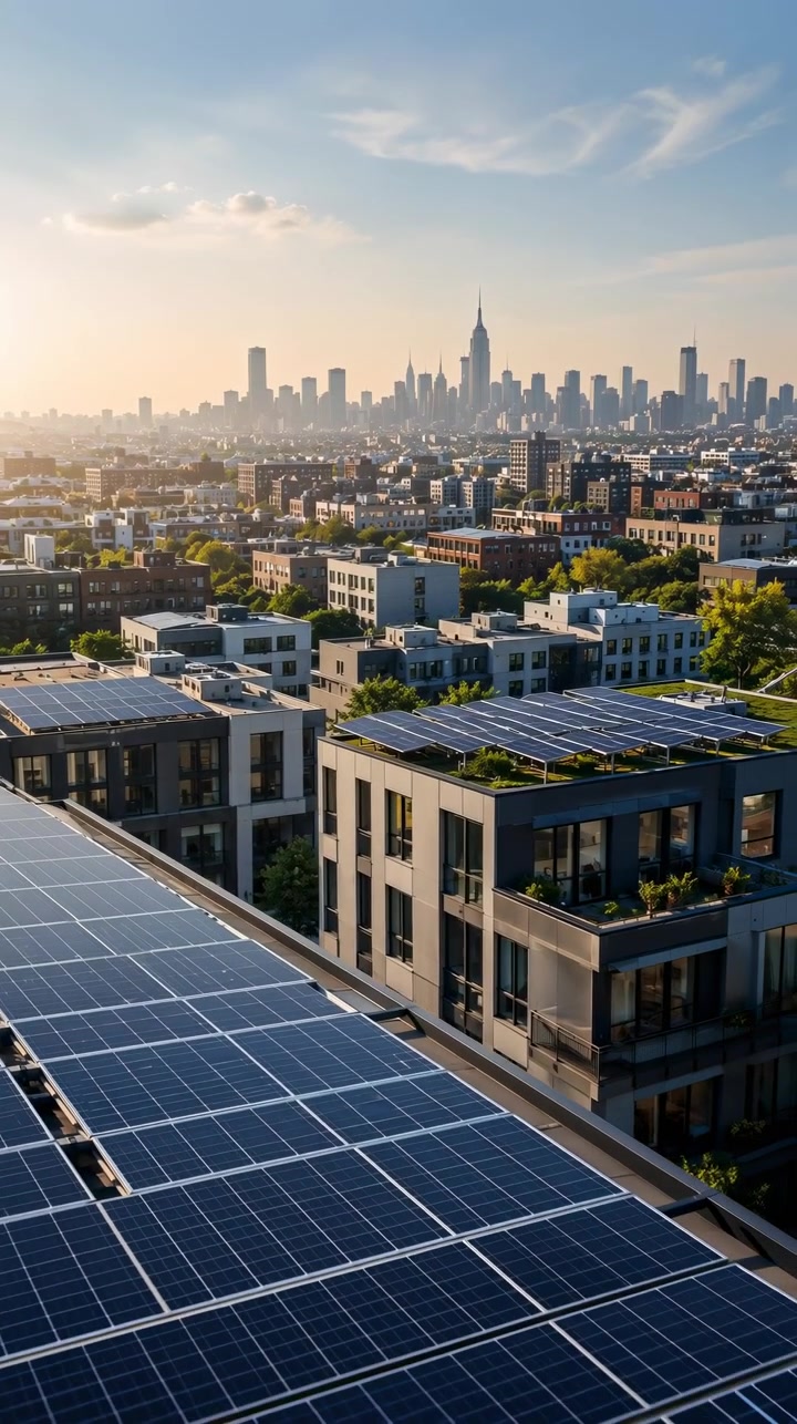 Fileiras de painéis fotovoltaicos preenchem o primeiro plano do telhado enquanto edifícios distantes permanecem visíveis no horizonte, com a luz do dia brilhante iluminando as estruturas e criando uma vista aérea calma de energia renovável