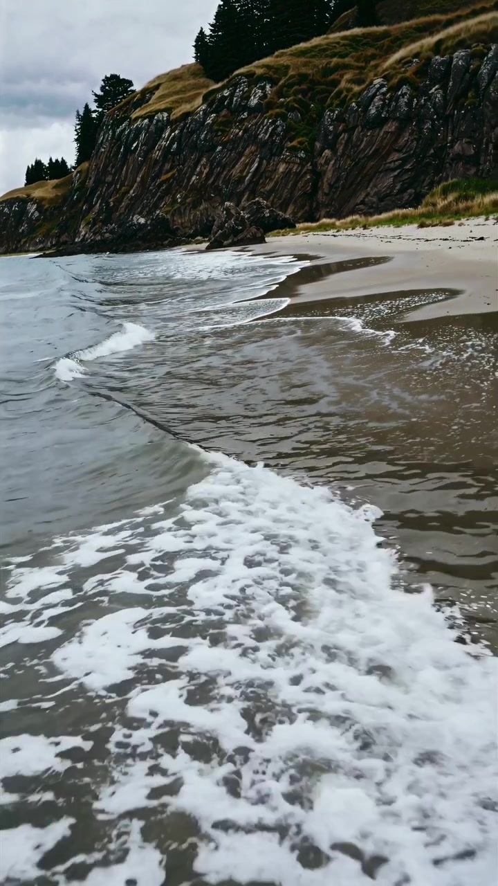 Onde delicate che si infrangono su una spiaggia sabbiosa con scogliere costiere