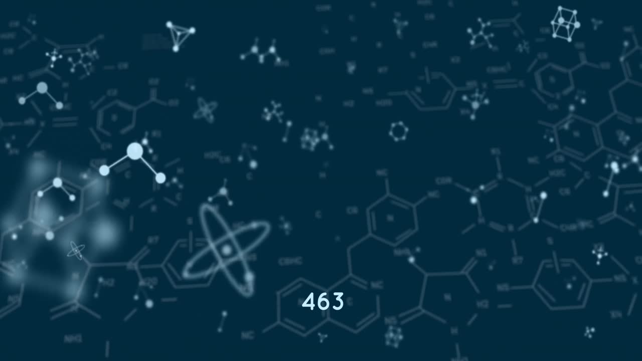 Animation of molecules and chemical formula on black background