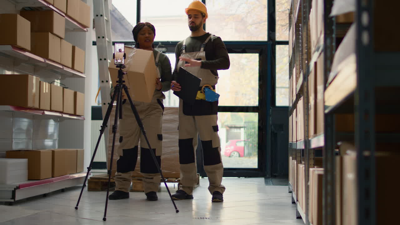 Warehouse workers inspecting inventory and recording video