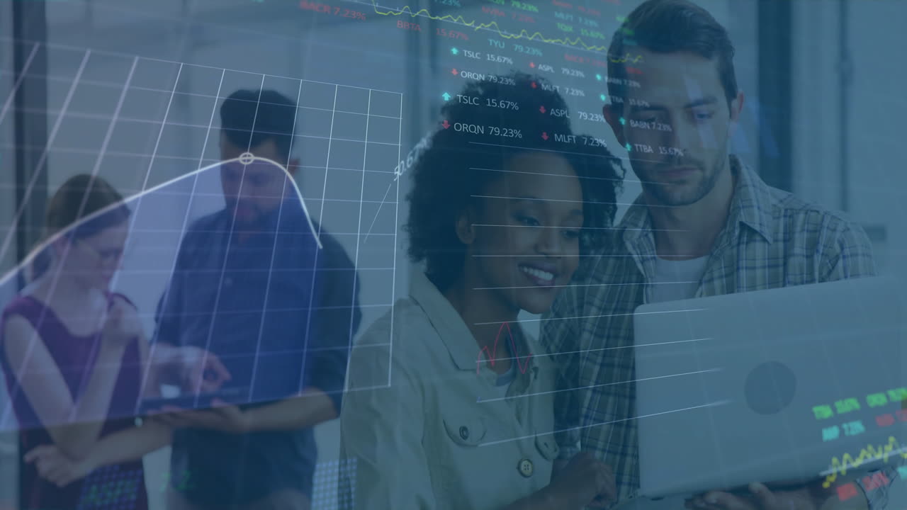 Financial data and stock market graphs animation over diverse people using laptops