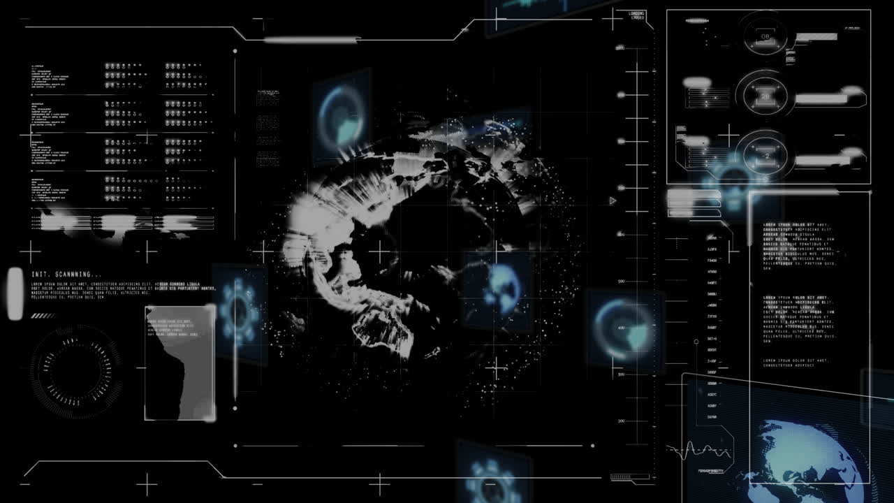 Displaying animation of world map with glowing data points and holographic elements