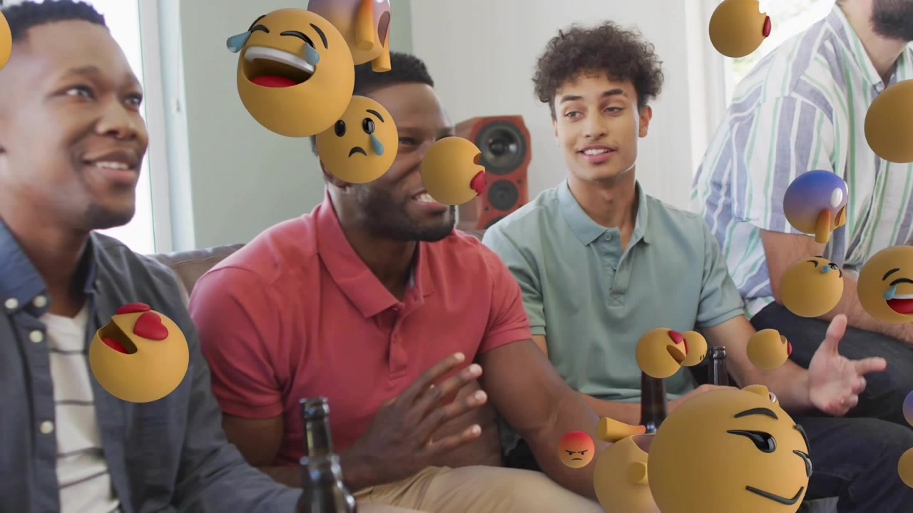 Three men holding beers on couch watching sports fourth man joining as emojis sparking reactions