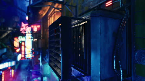 cyberpunk city street with glowing neon lights and an industrial air conditioner