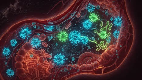 illuminating microscopic view of blood vessels filled with colorful viruses and bacteria, showcasing their interaction and movement in the human body system